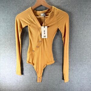 ALIX NYC Purdy Asymmetric Bodysuit Womens XS Butter Jersey Stretch Ribbed V-Neck